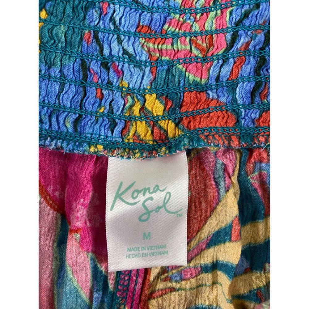 Kona Sol Womens Medium Tropical Palm Print Smocked Wide Leg Cover Up Pants Pink - Picture 3 of 15